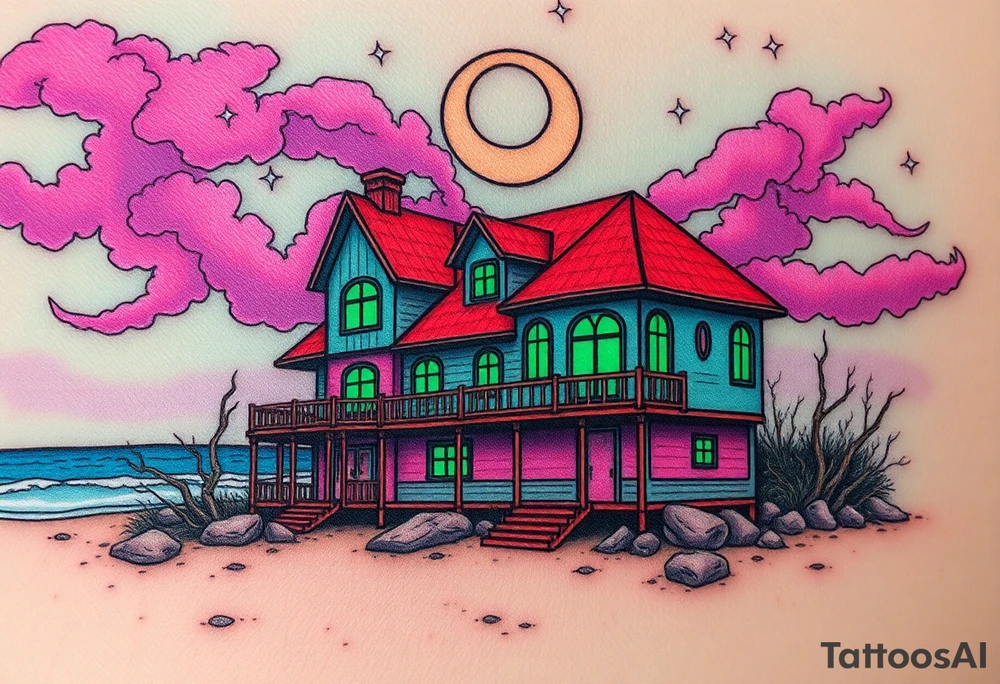 Tim Burton’s haunted pastel beach home is abandoned and dripping with muted reds, dusty pinks, and eerie green glow.purple and cyan smokey clouds swirl in the crescent moonlit sky thats sprinkled with stars tattoo idea tattoo idea