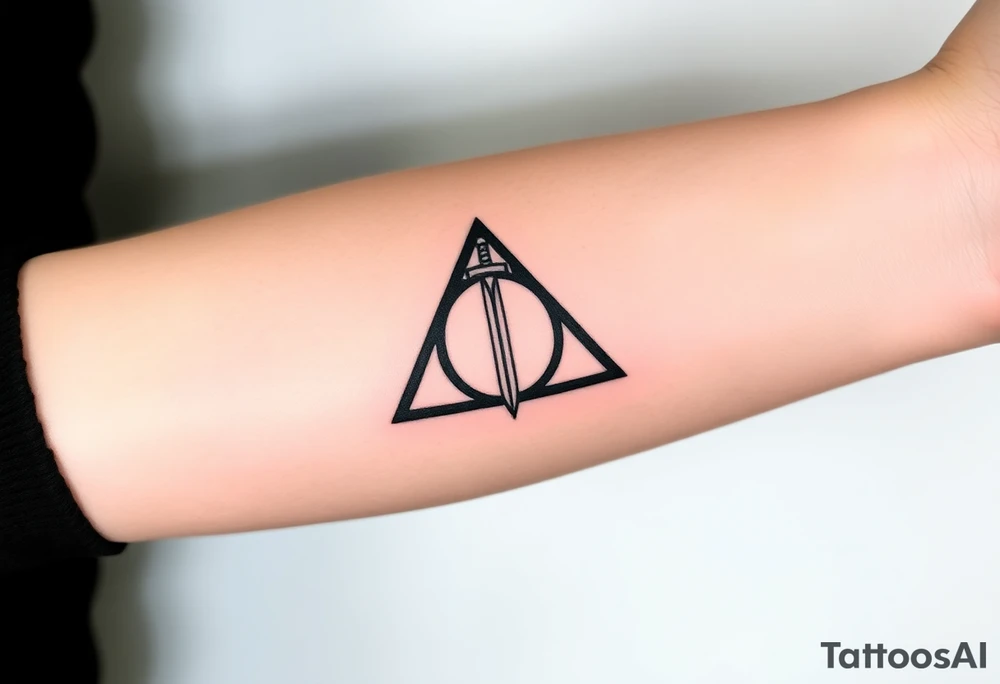 deathly hallows symbol from harry potter with a sword in the middle tattoo idea