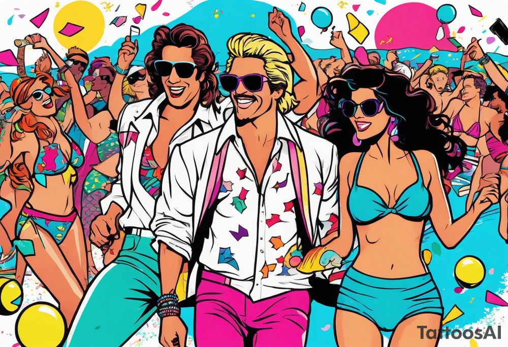 1980's miami vice style beach dance 
party, include confetti, music notes, boom box, bikinis tattoo idea