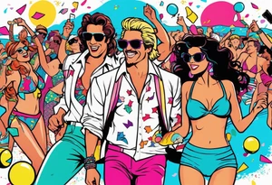 1980's miami vice style beach dance 
party, include confetti, music notes, boom box, bikinis tattoo idea