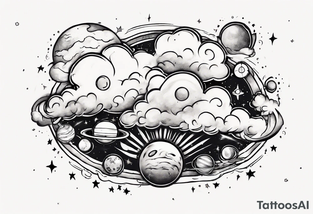 a cloud with planets and the date 12.08.05 tattoo idea