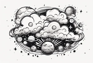 a cloud with planets and the date 12.08.05 tattoo idea