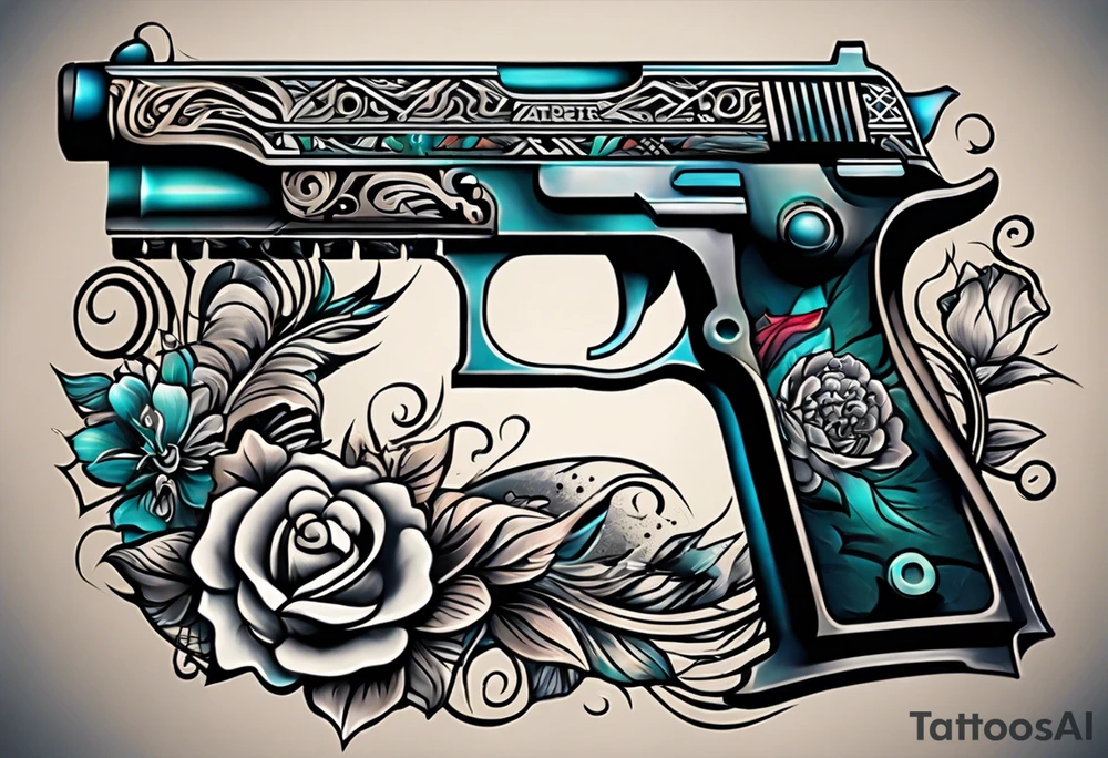 The letters AR with a pistol on each side and the word always on the top and ready on the bottom tattoo idea