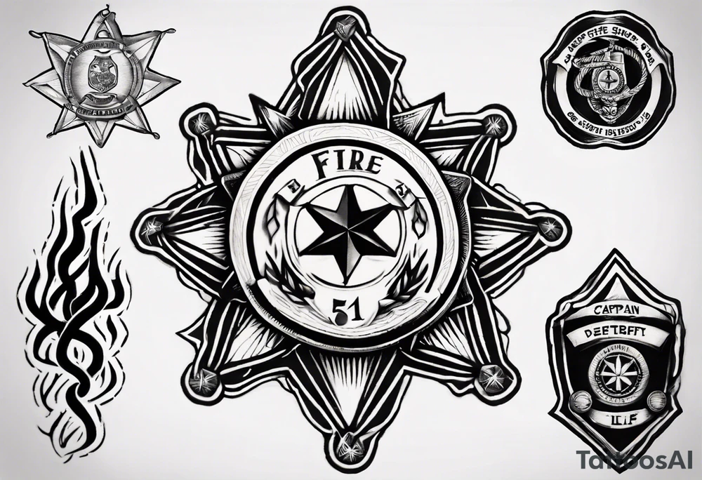 Sleeve tattoo, top is fire crest with captain bugles inside, below is 5 point deputy sheriff badge, GT45 badge number u der that a medical star of life tattoo idea