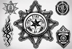 Sleeve tattoo, top is fire crest with captain bugles inside, below is 5 point deputy sheriff badge, GT45 badge number u der that a medical star of life tattoo idea