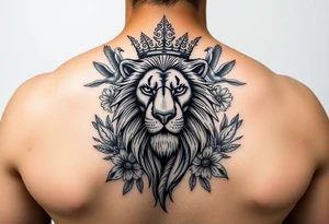 powerful majestic lion with a crown, surrounded by floral ornaments and birds tattoo idea