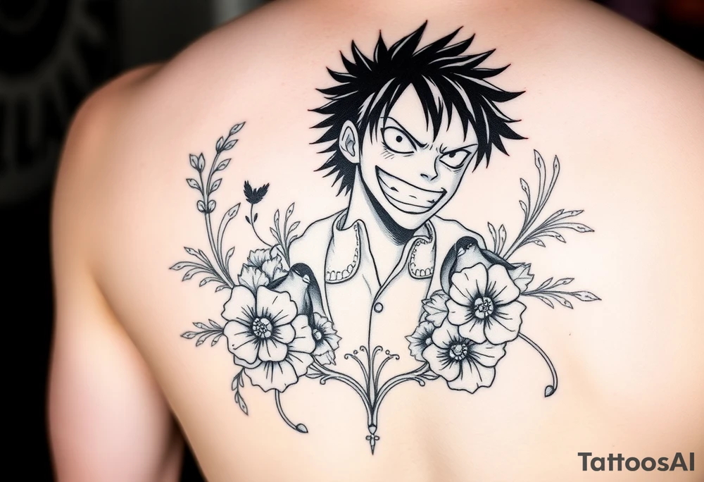 powerful majestic  luffy from one piece, surrounded by floral ornaments and birds tattoo idea