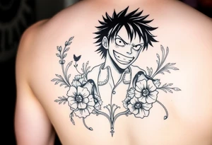 powerful majestic  luffy from one piece, surrounded by floral ornaments and birds tattoo idea