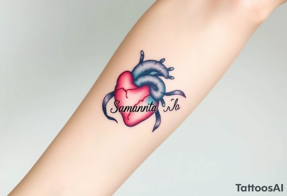 anatomical heart with flowing ribbons with the name Samantha Jo tattoo idea