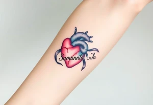 anatomical heart with flowing ribbons with the name Samantha Jo tattoo idea