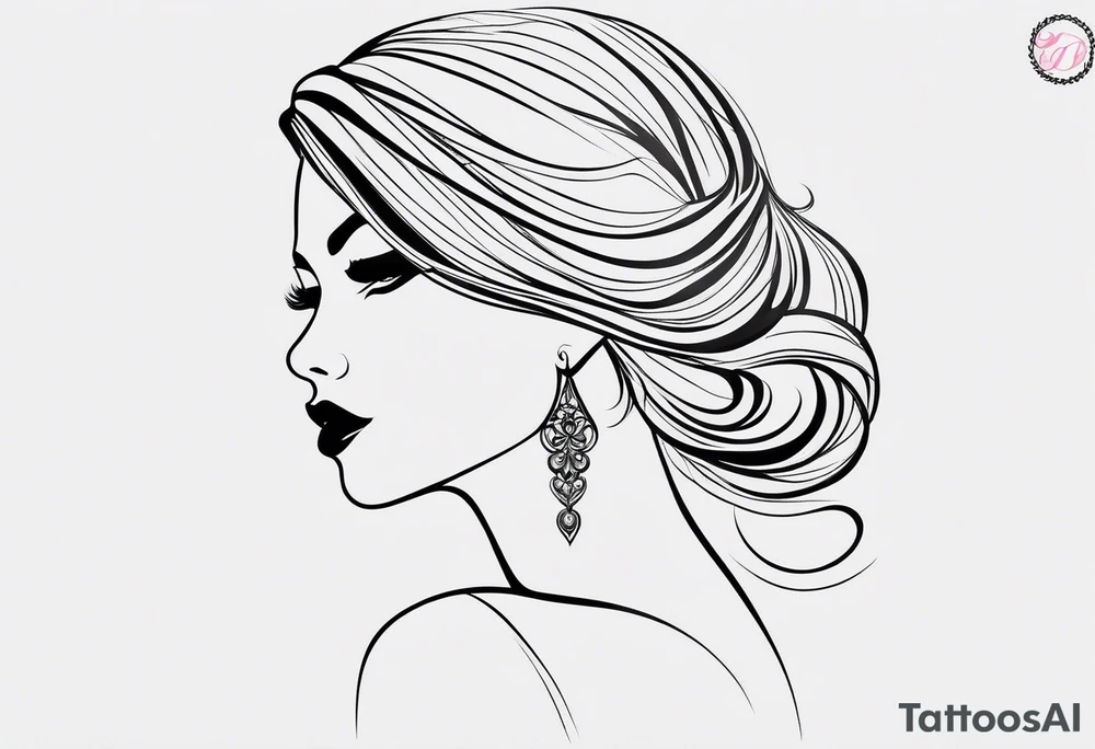 a line tattoo style design of a beautiful woman. The design features elegant lines that capture the essence of the woman’s features and form. It’s set against a white background, emphasizing the clean and minimalistic approach of the line art. The design focuses on the contours and shapes, creating a striking visual piece. tattoo idea