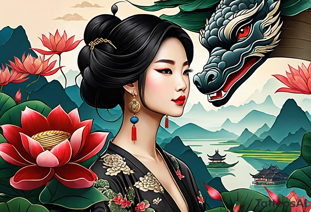 A black Vietnamese tattoo design featuring intricate depictions of sacred animals like the dragon and turtle intertwined with majestic mountains and lush rice fields. Incorporate iconic elements such as the conical straw hat floating above, surrounded by blooming lotus flowers and traditional silk lanterns. The tattoo reflects the essence of Vietnam's breathtaking nature, with swirling mist and flowing water elements woven into the composition, merging traditional artistry with a modern flair. Use a color palette that evokes the lush greens of the countryside and the warm tones of sunset. tattoo idea