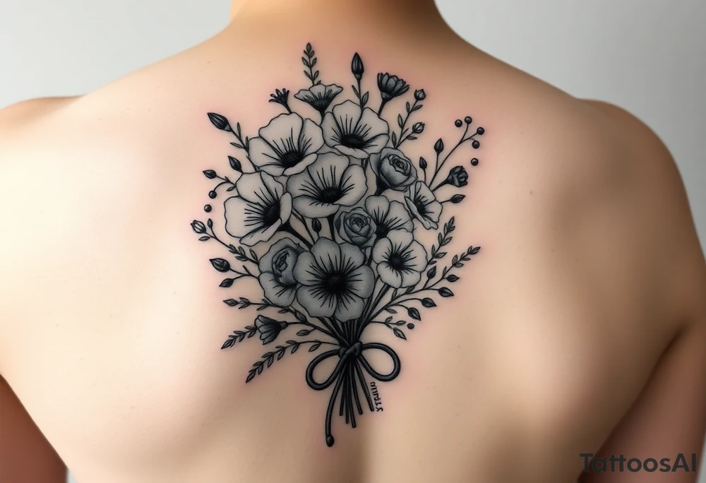 6 inches tall by 4 inches wide approximately, black and white tattoo with a bouquet of hollyhocks, one wild rose, and wild flowers, include a stethoscope along the side without putting it into the bouquet and the name June Etta , make the stethoscope more noticeable and make the tattoo taller than it is wide, make the bouquet have a bow towards the bottom holding the flowers like they had just been picked from the garden tattoo idea
