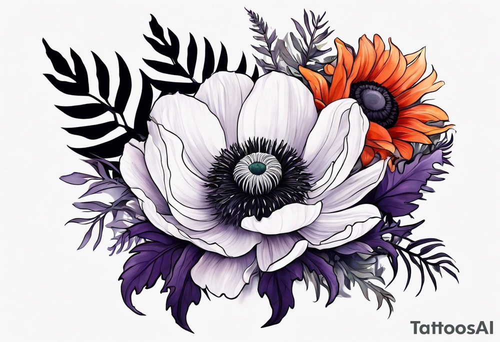 a white anemone with black center with cascading thistles, ferns, ranuculus, and sun flowers, red flowers, orange flowers, purple flowers all in watercolor tattoo idea