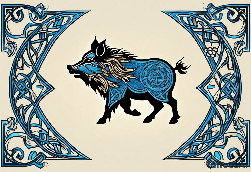 Side profile, Celtic, tribal, wild boar, On a Chatwin family crest with blue background, two gold stars, and a gold Chevron, and a Thistle tattoo idea