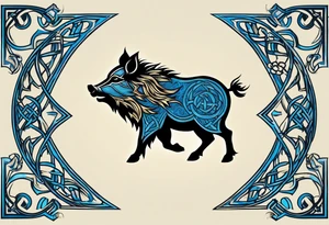 Side profile, Celtic, tribal, wild boar, On a Chatwin family crest with blue background, two gold stars, and a gold Chevron, and a Thistle tattoo idea
