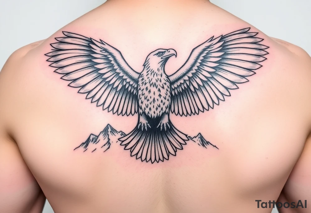 majestic eagle spreading wings against mountain peaks tattoo idea