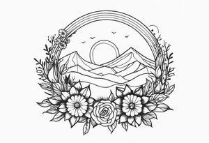 A floral wreath around a brilliant rising sun tattoo idea