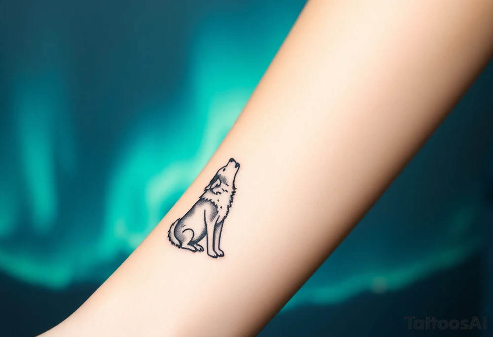 lone wolf howling at full moon with northern lights backdrop tattoo idea