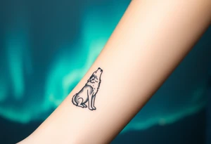 lone wolf howling at full moon with northern lights backdrop tattoo idea