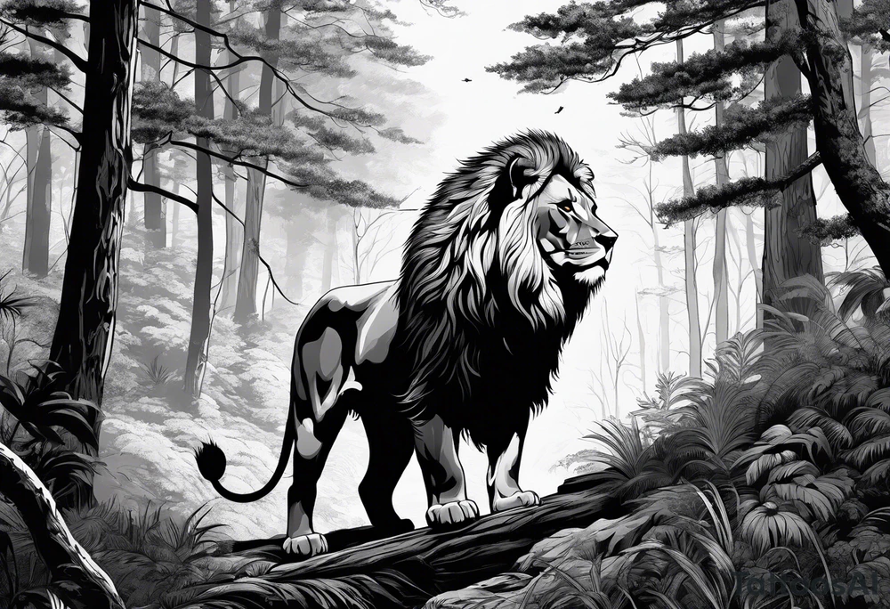 realistic black and gray dark
forest with a small lion walking into the forest tattoo idea