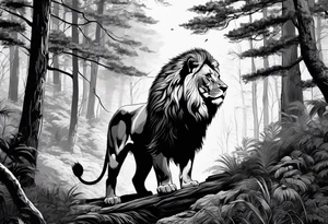 realistic black and gray  dark 
forest with a small lion walking into the forest tattoo idea
