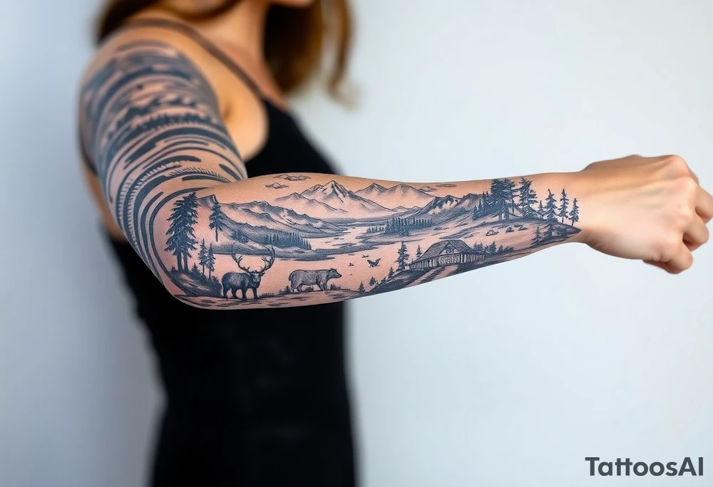 A full-sleeve with the Härjedalen landscape, reindeer, bear, lakes, mountains (Helags), tattoo idea