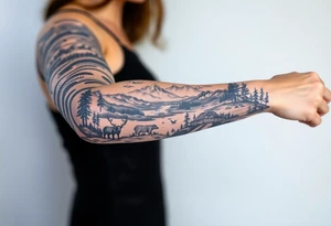 A full-sleeve with the Härjedalen landscape, reindeer, bear, lakes, mountains (Helags), tattoo idea