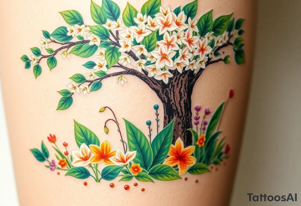Lilly of the vally plants underneath a blooming hawthorn tree with other colorful lilly plants on ground tattoo idea