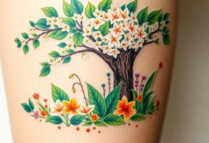 Lilly of the vally plants underneath a blooming hawthorn tree with other colorful lilly plants on ground tattoo idea