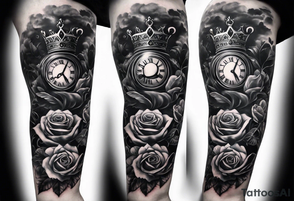 Full right arm sleeve  a crown and third eye with a hour glass instead the hour glass brain cover in in clouds and a heart cover in grass and roots with roses and smoke all over the arm tattoo idea