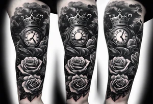 Full right arm sleeve  a crown and third eye with a hour glass instead the hour glass brain cover in in clouds and a heart cover in grass and roots with roses and smoke all over the arm tattoo idea