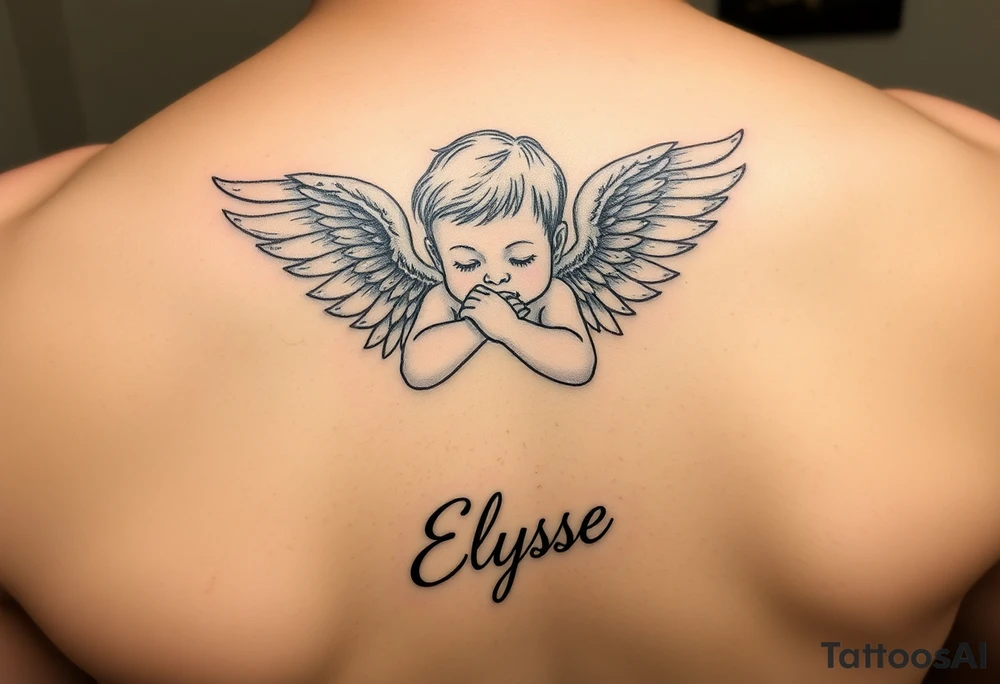 Create baby angle with closed wings, hand crossed and her name Elyse in the image
Again tattoo idea