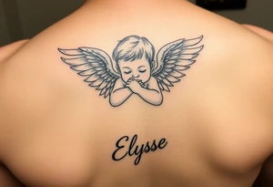 Create baby angle with closed wings, hand crossed and her name Elyse in the image
Again tattoo idea