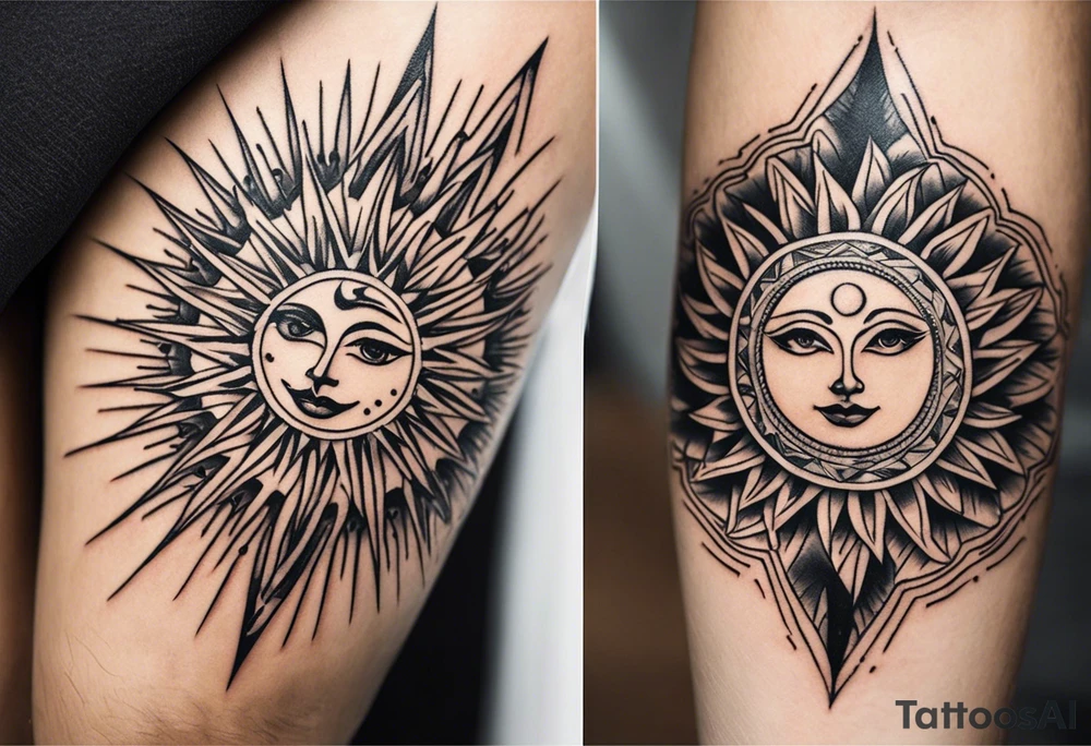 A symmetrical tattoo designed for the knee, featuring a sun with an eccentric, expressive face at the center. The sun’s rays extend sharply in a pointed, flame-like pattern, resembling heat waves, reaching downward toward the shin and upward above the knee. The design should have a dynamic and bold composition, with flowing yet angular lines that emphasize movement and symmetry. tattoo idea