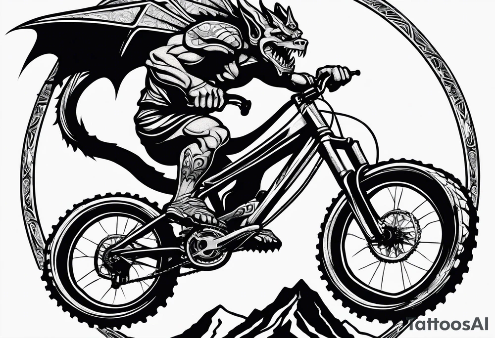 gargoyle riding a full suspension mountain bike with a shadow no landscape tattoo idea