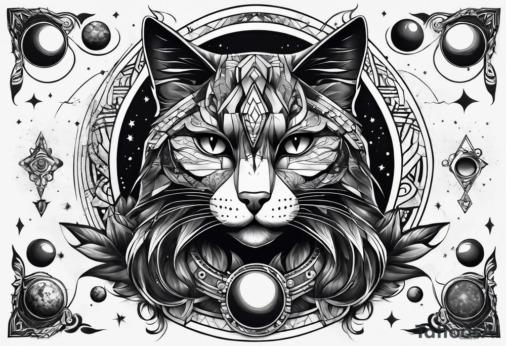 dark cat with a bad face surrounded by  planets tattoo idea