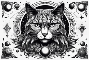 dark cat with a bad face surrounded by  planets tattoo idea
