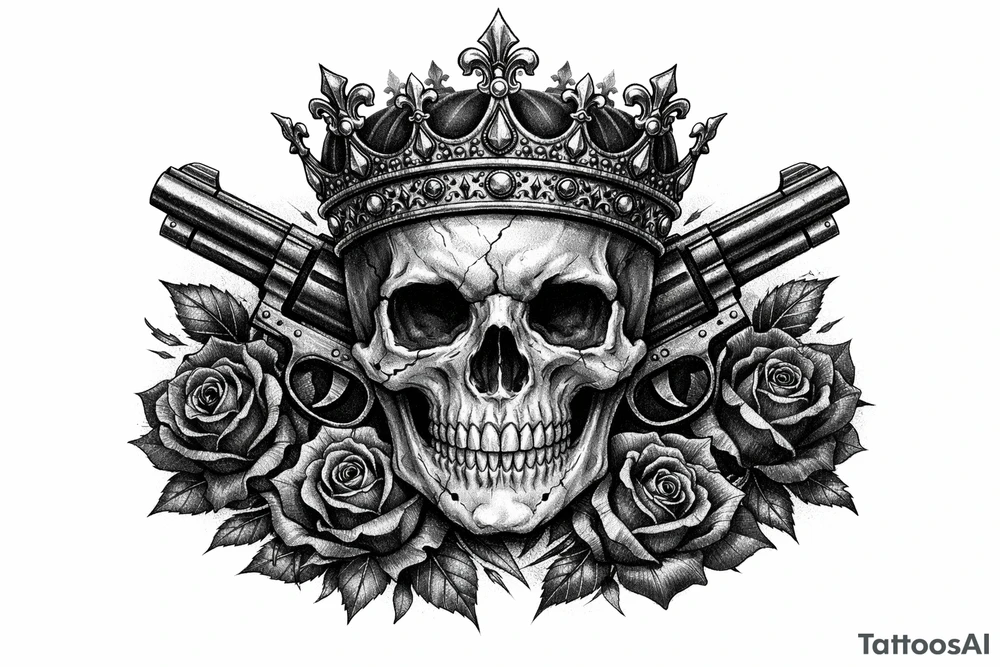 Close-up skull, ornate crown, revolvers, dark roses, realistic tattoo style. tattoo idea