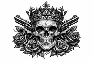 Close-up skull, ornate crown, revolvers, dark roses, realistic tattoo style. tattoo idea