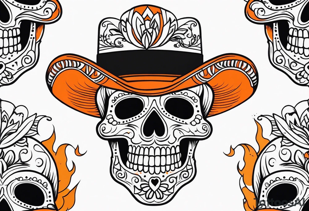 Mexican skull with smoke coming out of the bottom orange and black tattoo idea