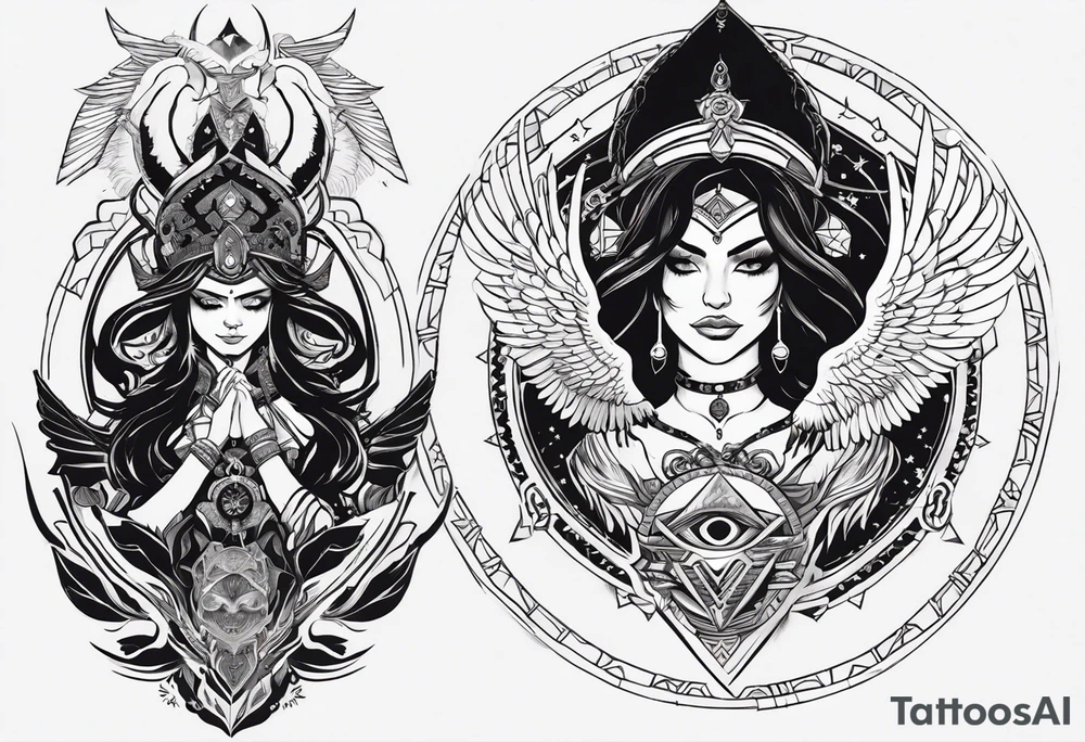 black kali, goddess pirate, alien, angel, pachamama, valkrye, warrior, flying, skull, lotus azul, wing, eagle, zenza resonance, stars, 5D, anahata chakra, death, durga, riding on a tiger, flying lady tattoo idea