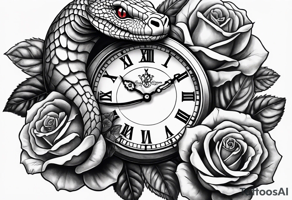 King cobra wrapped around an old broken watch clock with dead roses all around in the background tattoo idea