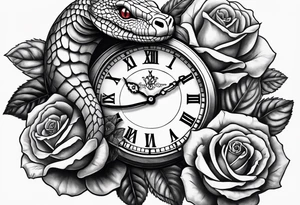 King cobra wrapped around an old broken watch clock with dead roses all around in the background tattoo idea