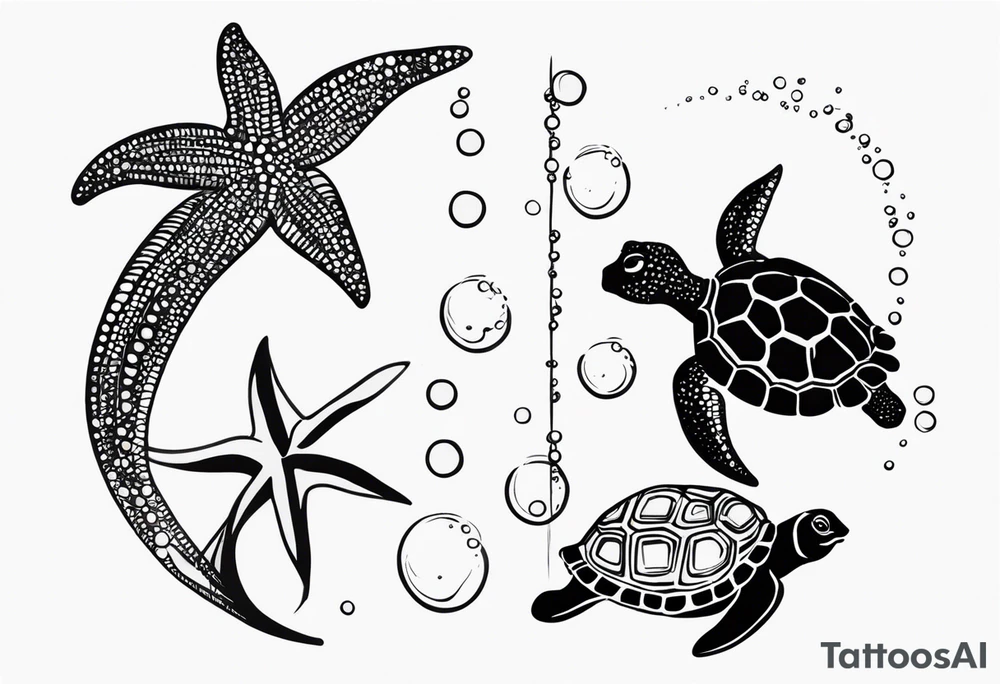 Small Starfish, Seahorse and turtle in a vertical line with bubbles tattoo idea