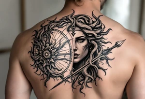 Athena goddess of war and wisdom with her Medusa shield and spear as a women’s sleeve tattoo idea