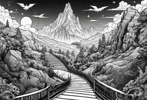 walking through the shadow valley of death with a stair case in the middle and demons on one side and a angel on the other side tattoo idea