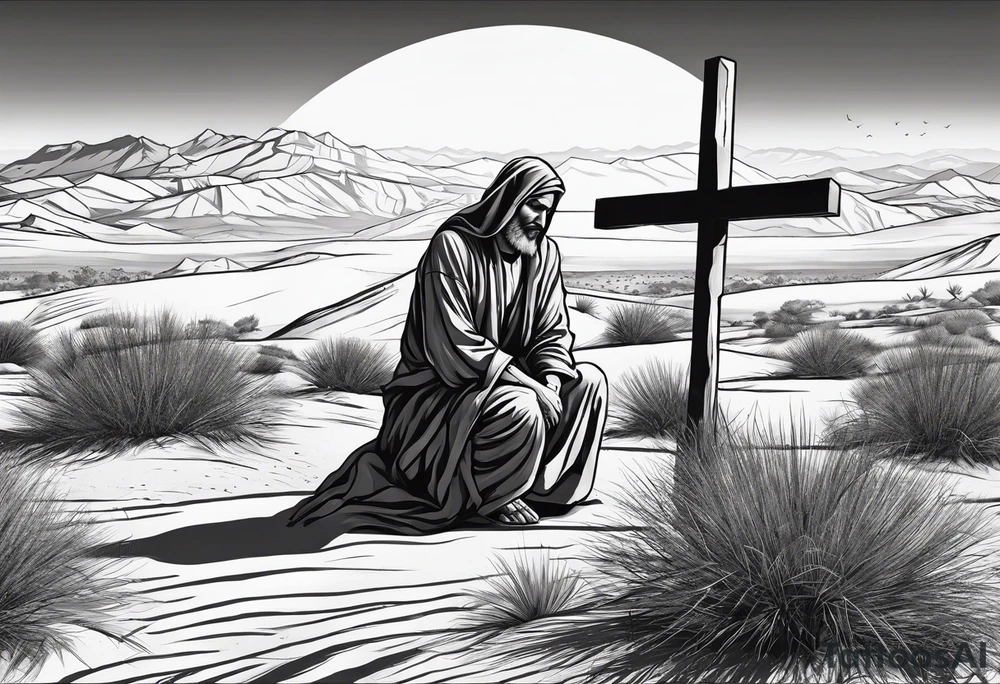 man crawling in a desert reaching to the cross of Christ tattoo idea