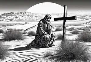 man crawling in a desert reaching to the cross of Christ tattoo idea
