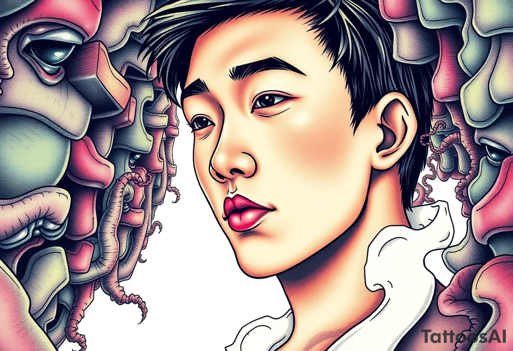 Handsome Asian young guy lost in a cursed labyrinth tattoo idea